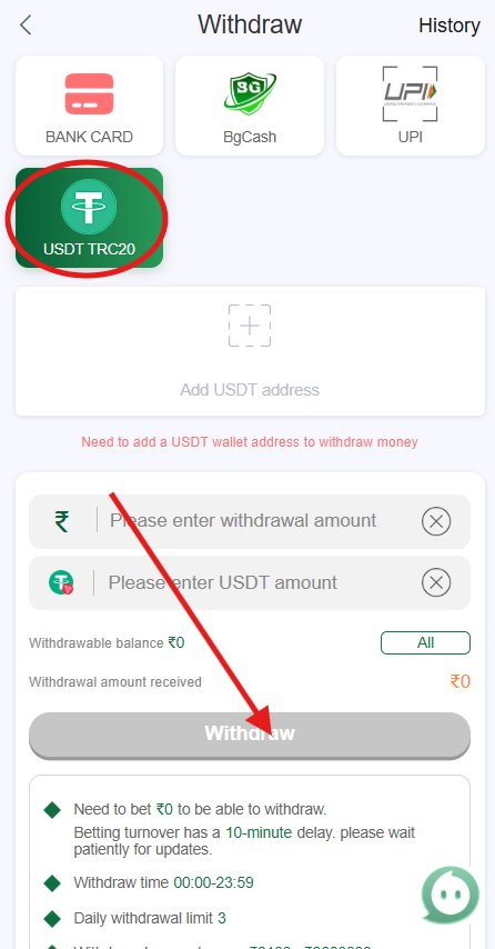 how to withdrawal in bg678 game using usdt