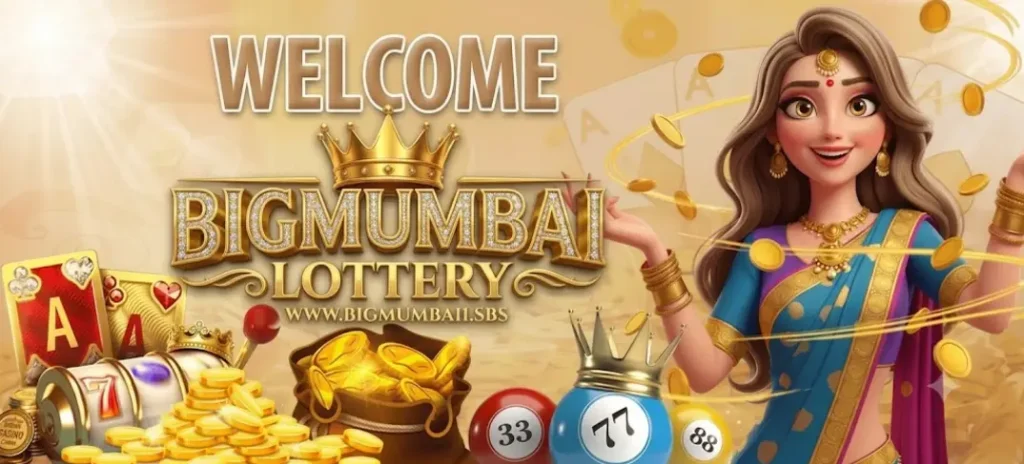 Big Mumbai lottery official welcome banner featuring online lottery casino games, Wingo color prediction, lucky draw balls, and website access at bigmumbai1.sbs.